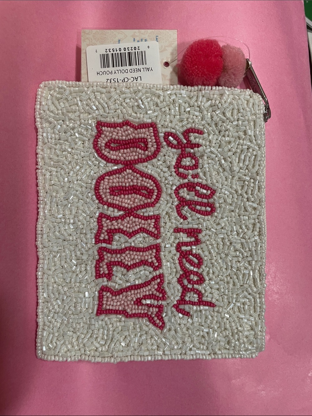 Ya'll Need Dolly Beaded Pouch - Dolly Parton White with Pink Accents - Handmade - Picture 3 of 10